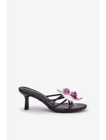 Dámské Pantofle Na Podpatku Se Umělou Květinou Černé Reyi