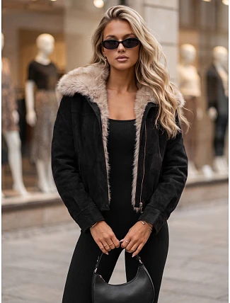 Dámská zimní semišová bunda s kožešinou, černá, FashionStreet TY5697