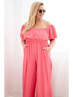 Dámský overal Plus Size s volánem a krátkým rukávem růžový