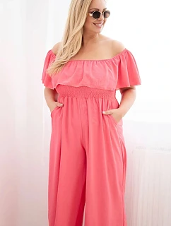 Dámský overal Plus Size s volánem a krátkým rukávem růžový