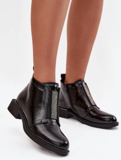 Lakované zateplené dámské kotníkové boty na nízkém podpatku S.Barski HY52-506 Černé