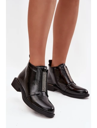 Lakované zateplené dámské kotníkové boty na nízkém podpatku S.Barski HY52-506 Černé