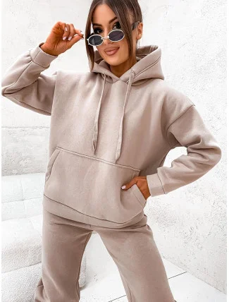 Béžová hrubší bavlněná dámská tepláková souprava (82143)