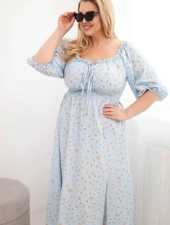 Dámská Plus Size šaty s výstřihem na tkaničky a elastickým pasem modrá