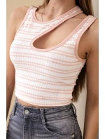 Dámský pruhovaný žebrovaný top bez rukávů s výstřihem pudrově růžová