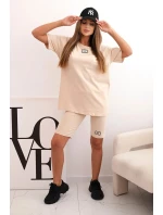 Dámský bavlněný komplet s krátkým rukávem a šortkami béžový