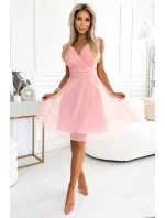 541-2 CELESTINA Elegantní tylové šaty s výstřihem a mašlí - BRUCE PINK 541-2 CELESTINA Elegantní tylové šaty s výstřihem a mašlí - BRUCE PINK