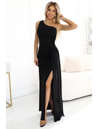 600-1 SELENA fenomenální dlouhé šaty na jedno rameno s třpytivými glitry a rozparkem na nohou - BLACK