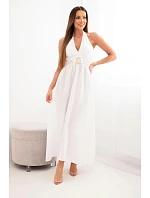 Dámské viskózové maxi šaty vázané za krk s ozdobnou přezkou ecru Dámské viskózové maxi šaty vázané za krk s ozdobnou přezkou ecru