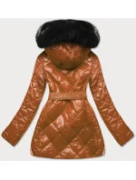 Lesklá zimní bunda v karamelové barvě s mechovitou kožešinovou podšívkou (w756)
