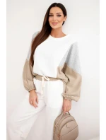 Dámský komplet s volnou mikinou a kalhotami s širokým nohavicemi camelový