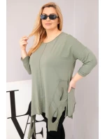 Dámská bavlněná blůza Plus Size s asymetrickým spodním lemem a výřezy khaki