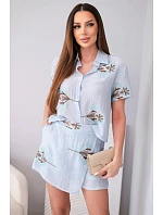 Dámský komplet košile s krátkým rukávem a sukně-šortky vyšívané modrý