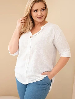 Dámská bavlněná halenka Plus Size s výstřihem na knoflíky bílá