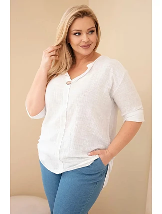 Dámská bavlněná halenka Plus Size s výstřihem na knoflíky bílá