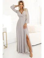 572-3 NELA třpytivé dlouhé šaty s výstřihem, dlouhými rukávy a rozparkem na nohou - BEACH