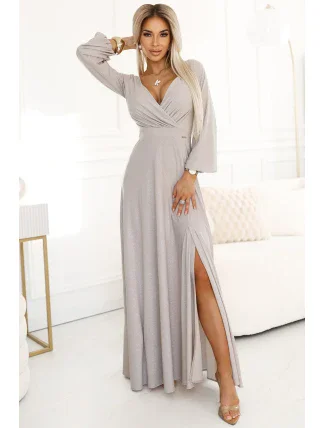 572-3 NELA třpytivé dlouhé šaty s výstřihem, dlouhými rukávy a rozparkem na nohou - BEACH