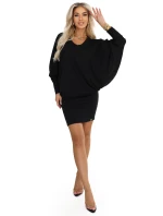 402-10 Pohodlné netopýří šaty s dlouhým rukávem - černé