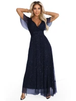 635-3 MELANIA dlouhé lesklé šaty s výstřihem a krátkými rukávy - tmavě modré 635-3 MELANIA dlouhé lesklé šaty s výstřihem a krátkými rukávy - tmavě modré