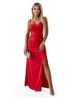 647-3 Přiléhavé dlouhé maxi šaty s obálkovým výstřihem a rozparkem - červené