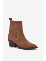 Dámské zateplené kotníkové boty kovbojky na podpatku Dylira – camel, zamsz