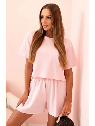 Dámský bavlněný komplet s širokými šortkami pudrově růžová