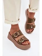 Dámské platformové pantofle se zlatými sponami olivové Nelirae