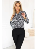 140-28 Služební halenka s dlouhým rukávem a zavazováním vpředu - černobílý vzor