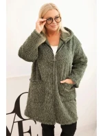 Dámský kabát Plus Size z viskózy na zip s kapucí khaki