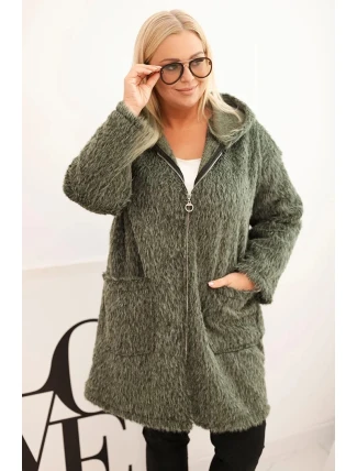 Dámský kabát Plus Size z viskózy na zip s kapucí khaki