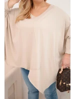 Dámská bavlněná blůza Plus Size s asymetrickým spodním lemem a V výstřihem béžová