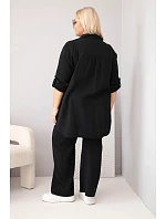 Dámský mušelínový komplet Plus Size s košilí zapínanou na knoflíky a kalhotami se širokými nohavicemi černý