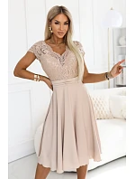 381-7 LINDA šifonové éterické šaty s krajkovým výstřihem - béžové