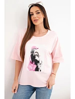 Dámská bavlněná oversize halenka s krátkým rukávem a módním potiskem pudrově růžová Dámská bavlněná oversize halenka s krátkým rukávem a módním potiskem pudrově růžová