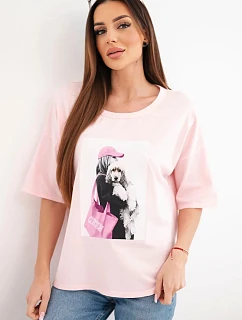 Dámská bavlněná oversize halenka s krátkým rukávem a módním potiskem pudrově růžová