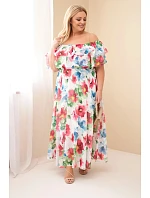 Dámské Plus Size maxi šaty s volánem, odhalenými rameny a elastickým pasem fuchsiové