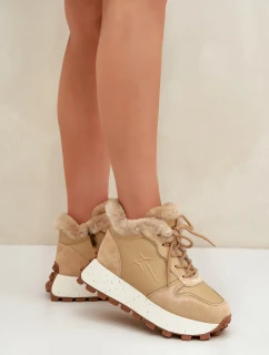 Kožené dámské tenisky trapery s kožíškem na platformě Big Star OO274A330 béžové