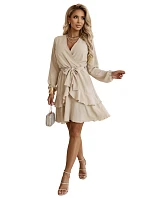 671-1 Smyslné mini šaty s obálkovým výstřihem - béžové