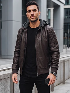 Pánská kožená zateplená bunda s kapucí, tmavě hnědá, FashionStreet TX5140