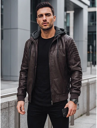 Pánská kožená zateplená bunda s kapucí, tmavě hnědá, FashionStreet TX5140 Pánská kožená zateplená bunda s kapucí, tmavě hnědá, FashionStreet TX5140