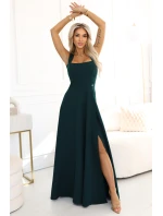 633-2 AURELIA dlouhé šaty s rozparkem na nohou a výstřihem typu caro - lahvově zelené