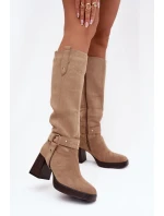 Dámské zateplené kozačky na podpatku s prošíváním Alessara – béžové