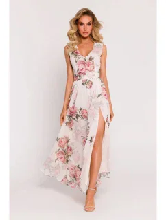 Dámské šifonové šaty M781 model 2  Ecru s květy - MOE