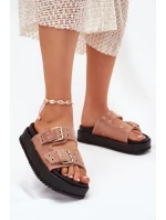 Dámské Pantofle Se Zlatými Přezkami Na Platformě Béžové Virvania