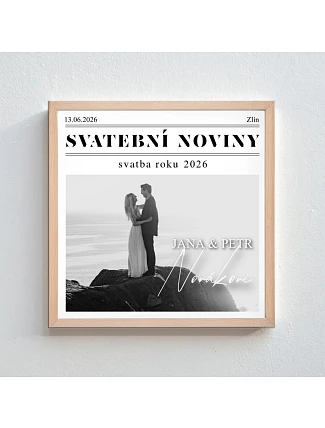 Personalizovaný magický fotoobraz v rámu - čtverec 20x20 - svatební noviny