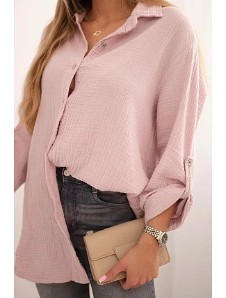 Bavlněná mušelínová košile Plus Size 65622 pudrově růžová - Kesi