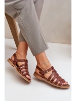 Kožené sandály na plochém podpatku hnědé Zazoo 3686