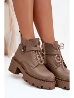 Kožené dámské kotníkové boty na klínu s ozdobným páskem zateplené Zazoo 60557 tmavě béžové