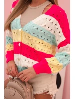 Dámský svetr s proužky a výstřihem do V v barvě fuchsie + žlutý