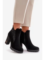 Zateplené dámské boty na vysokém podpatku s výšivkou černé Verissae